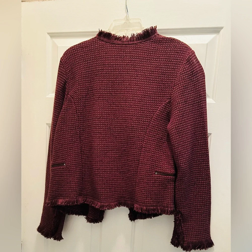 NWT NIC+ZOE Burgundy Frayed-Trim Tweed and Knit Mixed Blazer, Size Large - Picture 4 of 16